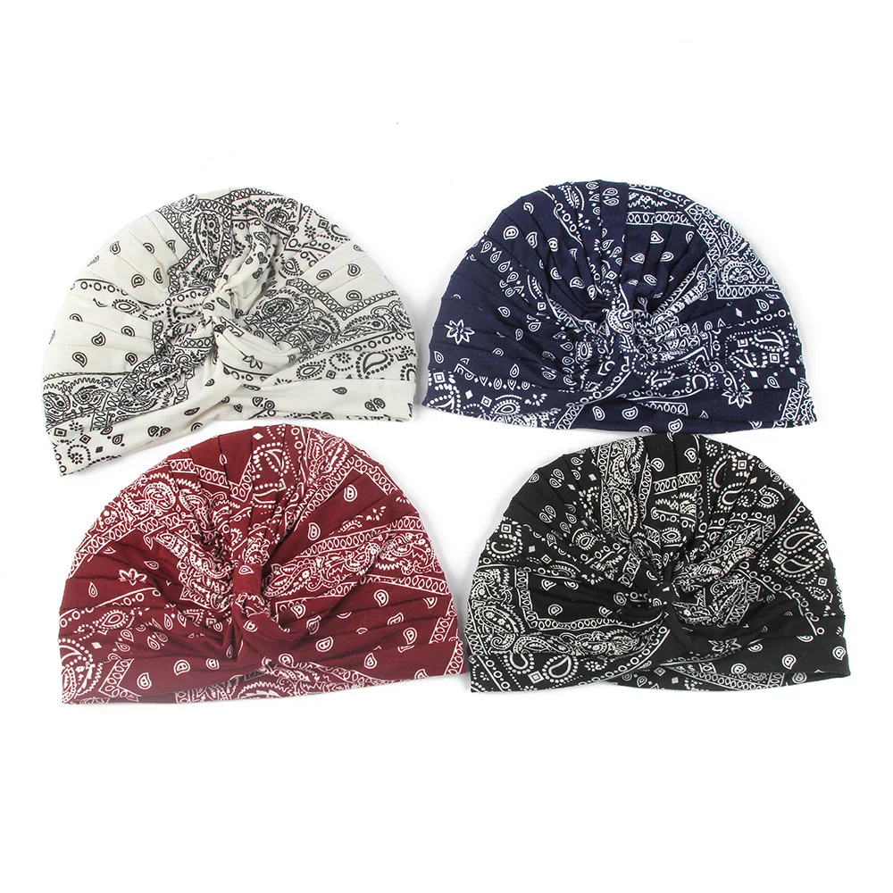 

2019 Spring Autumn Turban Cap Knitted Spring Autumn Cotton Hats Women Ladies Head Wrap Caps Fashion Printed Beanies New Arrive