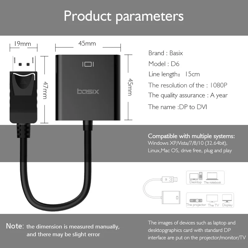 Переходник Basix DP DVI 1080P порт дисплея к Кабель адаптер штырь гнездо для мониторов и