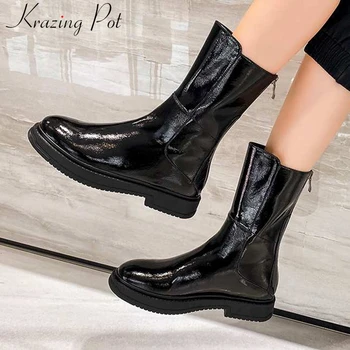 

Krazing pot new arrival genuine leather round toe zipper brand keep warm patent pleated decoration med heels mid-calf boots L11
