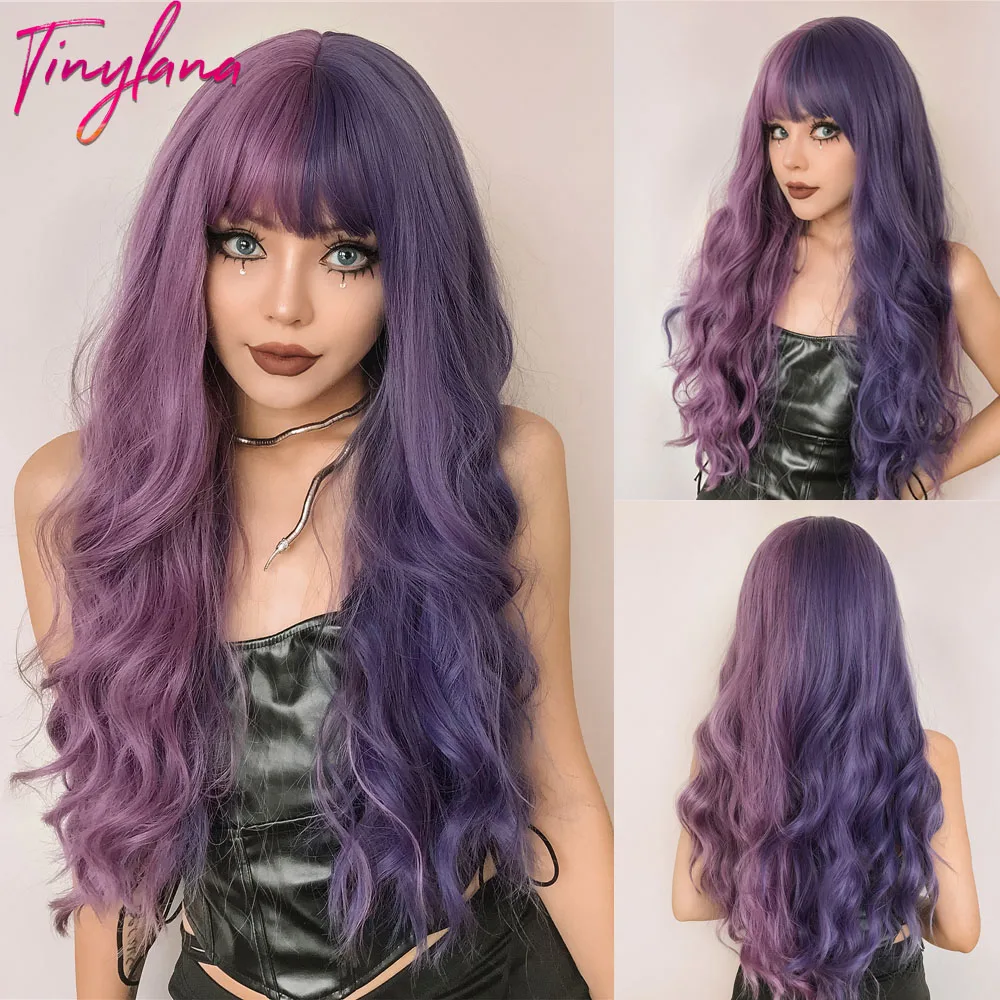 

Purple Long Wavy Synthetic Wig with Bangs Cosplay Christmas Halloween Hair Two Tone Ombre Wig For Women Deep Wave Heat Resistant