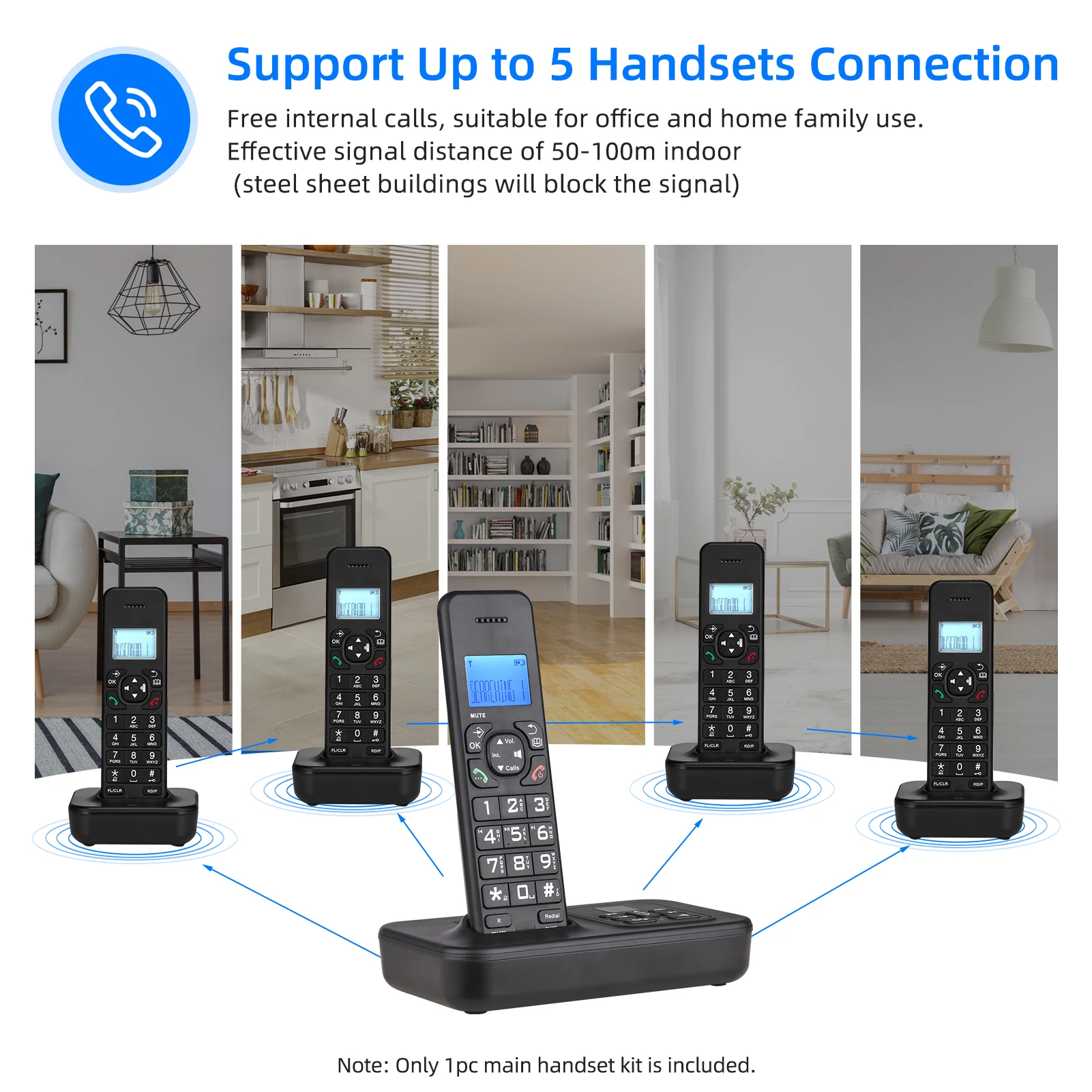 Expandable Cordless Phone System with Telephone Answering Machine 3 Lines LCD Display Hands-free Calls 16 Languages for Office