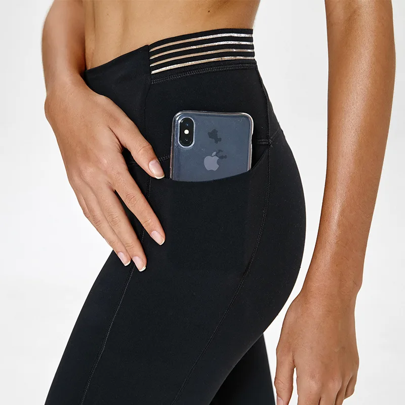 

New Style INS Bare Sense Spell Yarn Yoga Pants Women's High-waisted Elasticity Beam Leg Capri Running Fitness Suit