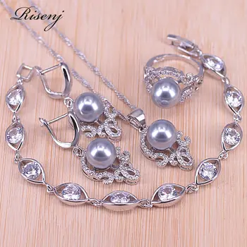 

Risenj Vintage Jewelry Sets For Women Silver Color Gray Freshwater Pearls Bracelets Earrings Necklace Pendant Jewelry Set