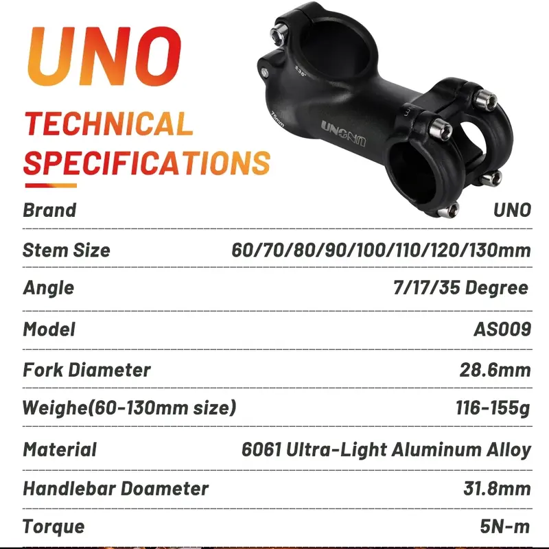 UNO Black Stem Bike Ultralight 7 17 35 Degree MTB Road Stem Fork 28.6 31.8mm 60/70/80/90/100/110/120/130mm Bicycle King Kalloy - Image 2