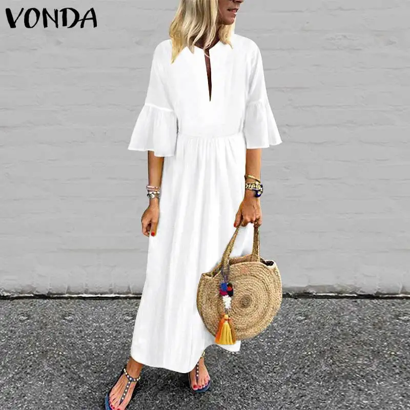 VONDA в Богемном Стиле Белое Макси длинное платье Для женщин Винтаж с расклешенными рукавами вечерние платье Лето Пляжное платье Повседневное размера плюс Vestidos