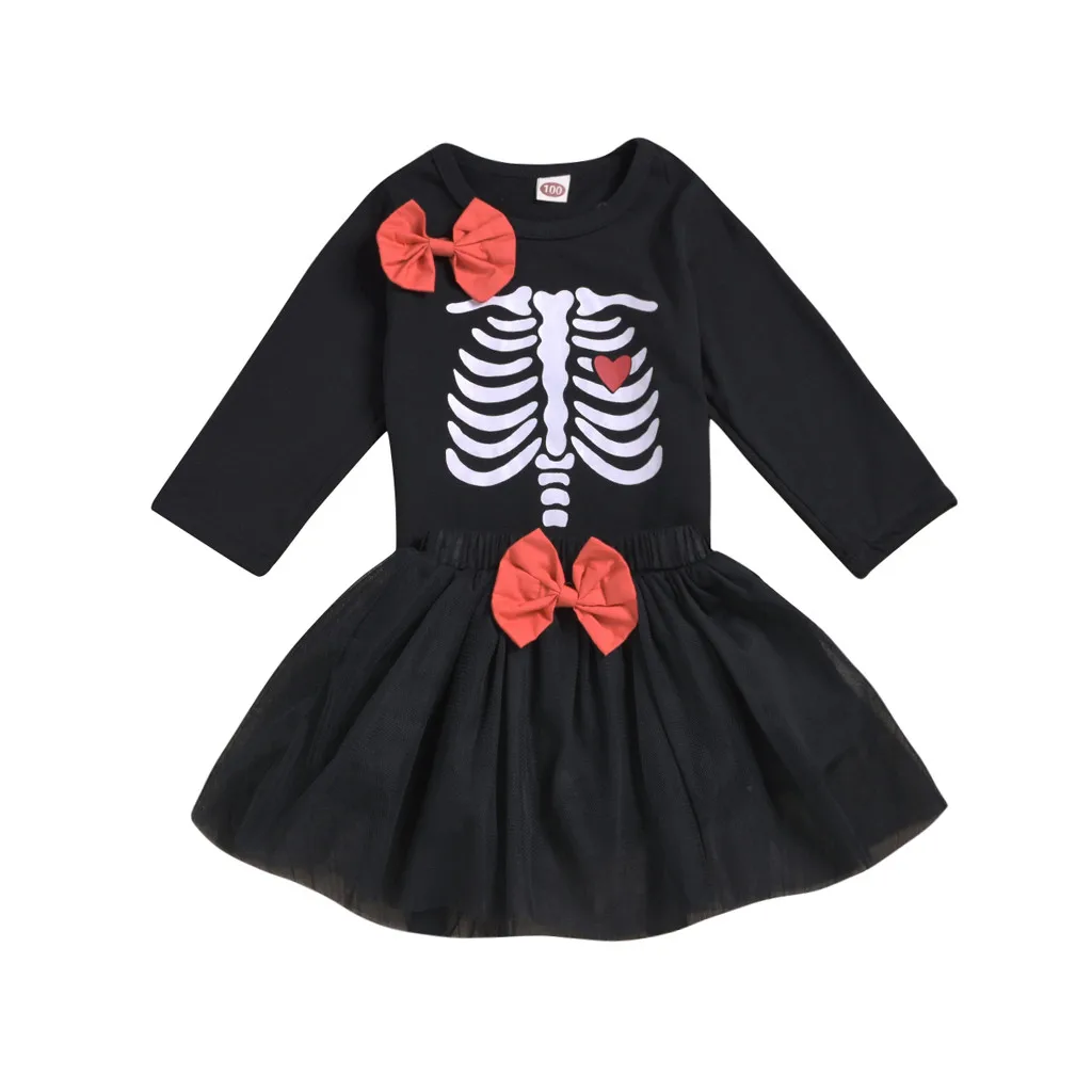 Детские наряды для девочек на Хэллоуин, комплект детской одежды черного цвета Топы с длинными рукавами и принтом черепа+ Бант, комплект с кружевной юбкой# BL2