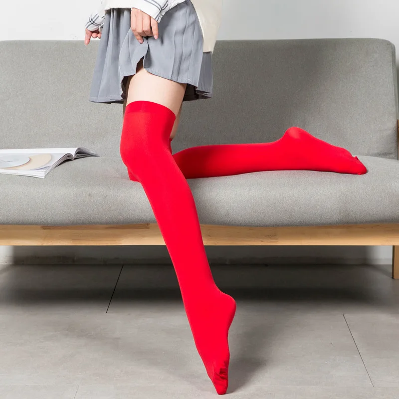 Японские стильные женские серые блестящие чулки до бедра, сексуальные женские винтажные шелковые Непрозрачные чулки в стиле Лолиты с широким ребристым верхом и манжетами - Цвет: red