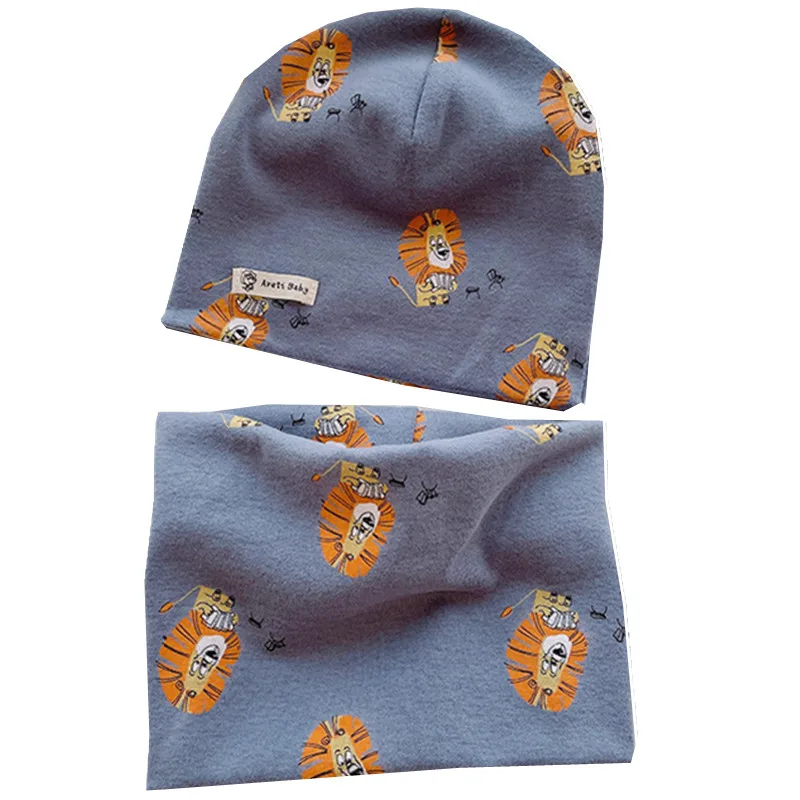 New Fashion Solid Cartoon Print Children Hat Scarf Set Autumn Winter Girls Hats Kids Skullies Beanies Cotton Boys Caps Scarf Set