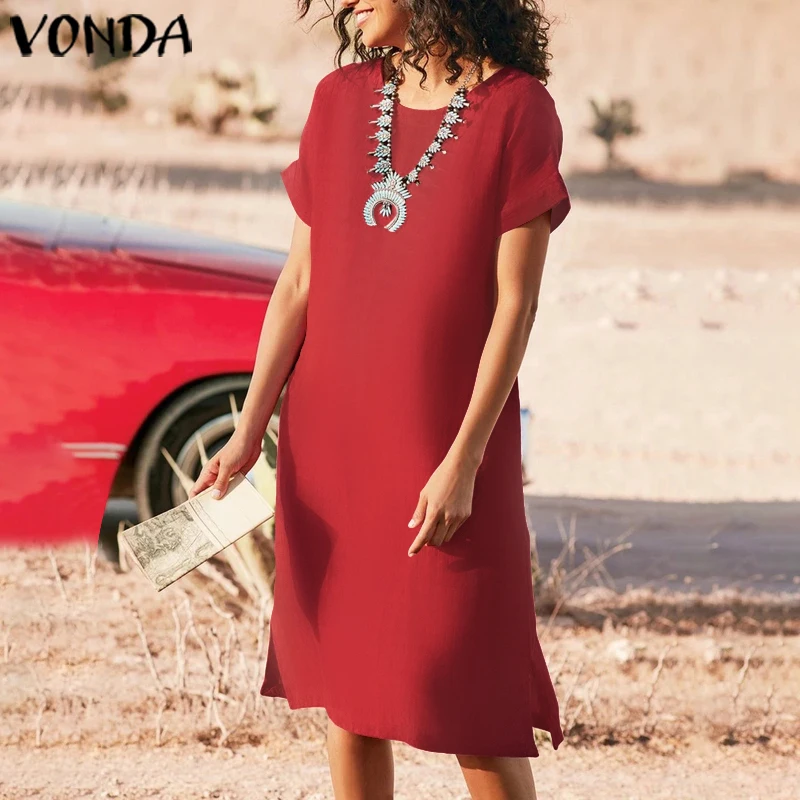 

VONDA Women Elegant Dress Casual Loose Solid Color Mini Dresses Plus Size Party Vestidos Bohemian Robe Femme Summer Sundress 5XL