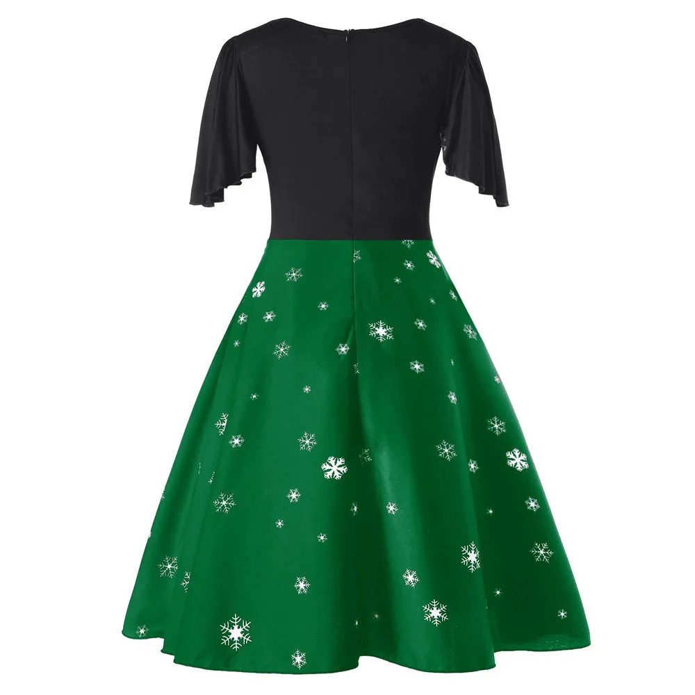 Рождественское платье 5XL Винтажное с v-образным вырезом и принтом снежинки Новогоднее вечернее платье элегантное женское зимнее платье размера плюс 19Sep