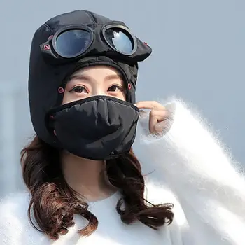

Adult Kids Winter Warm Trapper Hat with Earflap Face Mask Goggles Windproof Thermal Plush Lined Skiing Ushanka Cap