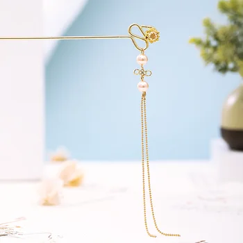 

Simple Fashion and Retro Chinese Hairpins Clips Full Gold Color Pearls Long Tassel Hair Fork Sticks Headpiece for Women Girls