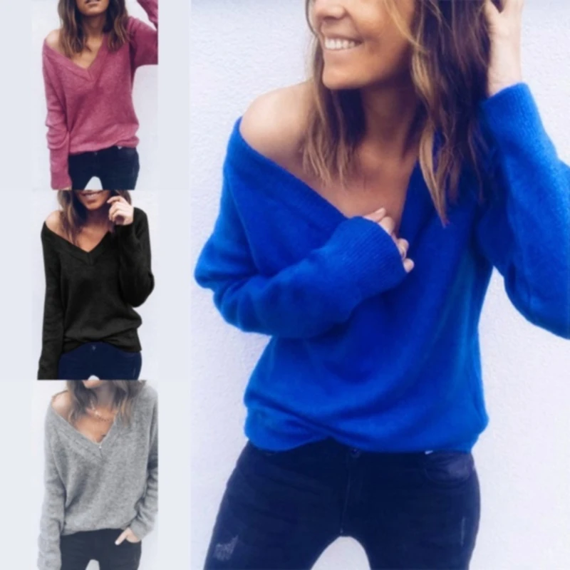 Suéter de cuello de pico para mujer, suéteres de moda de punto, Tops de manga larga holgados informales para invierno