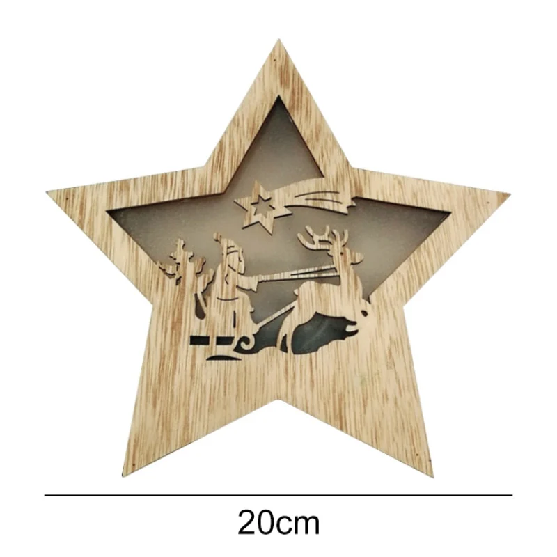 Cute Wooden Hollow Star Shape Christmas Light Box Desktop Ornament Lamp Luminous Xmas Tree Hanging Pendant Christmas Decor