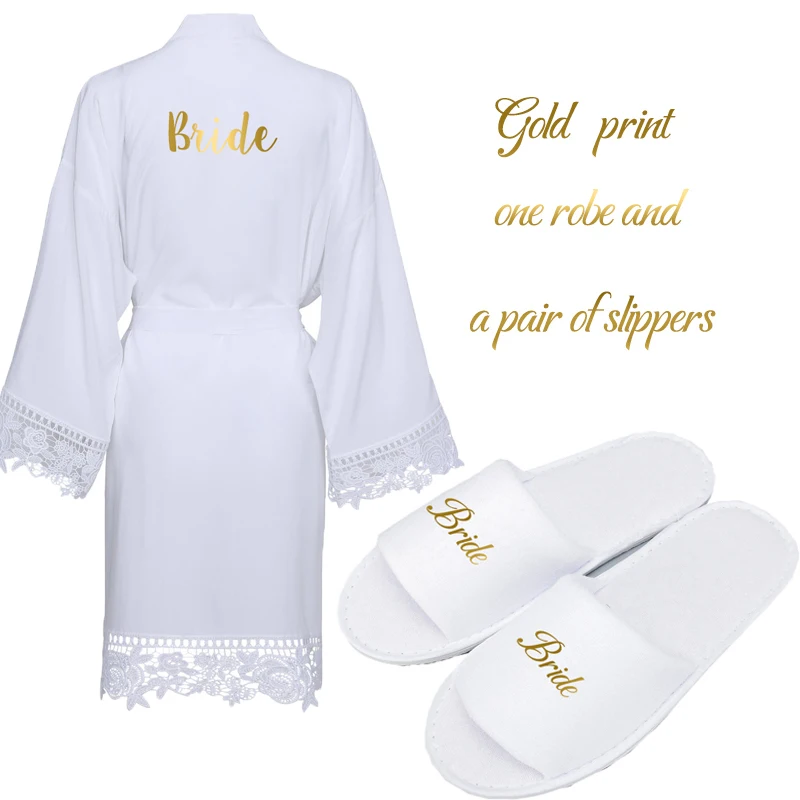 Bride and slipper Owiter, темно-синее однотонное хлопковое кимоно, халаты w/с кружевной отделкой, женский короткий халат для свадьбы, невесты, халат, одежда для сна, белое платье подружки невесты - Цвет: Bride and slipper