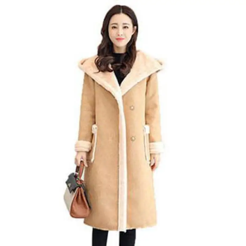 Зимняя женская модная куртка из искусственной замши с длинным рукавом, однотонная куртка с капюшоном средней длины, женский шерстяной толстый жакет высокого класса, новинка