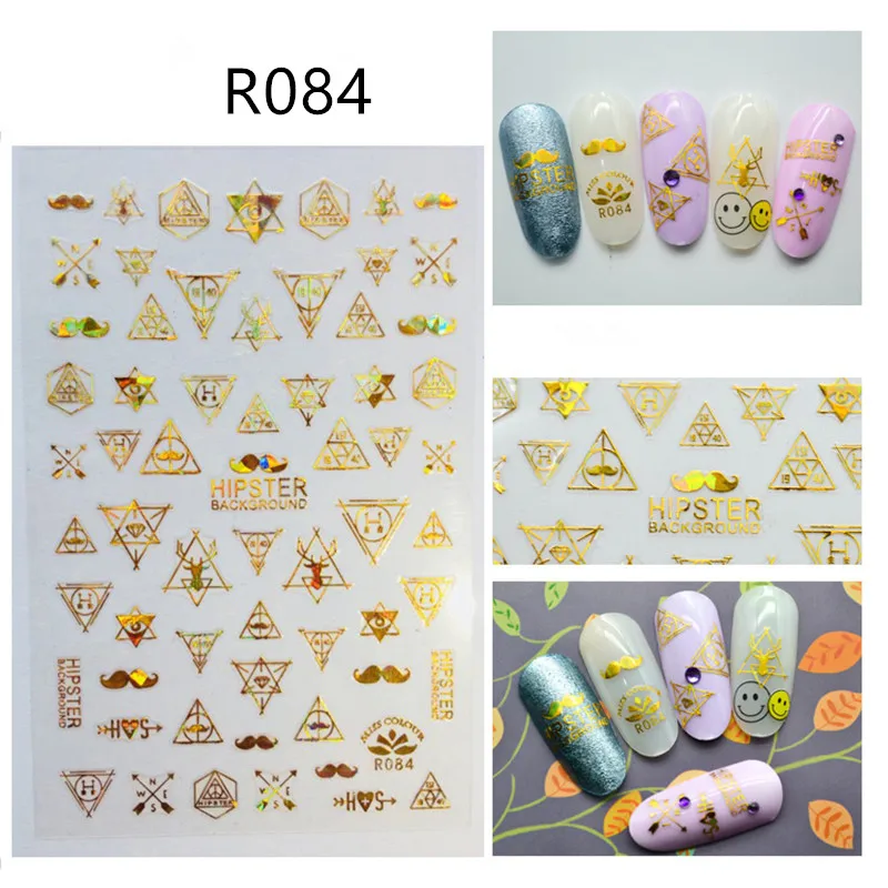 R084 gold 1 шт., 3D наклейки для ногтей, голографические золотые металлические переводные наклейки, наклейки для маникюра в виде листьев кокосовой пальмы, украшения для ногтей - Цвет: R084 gold