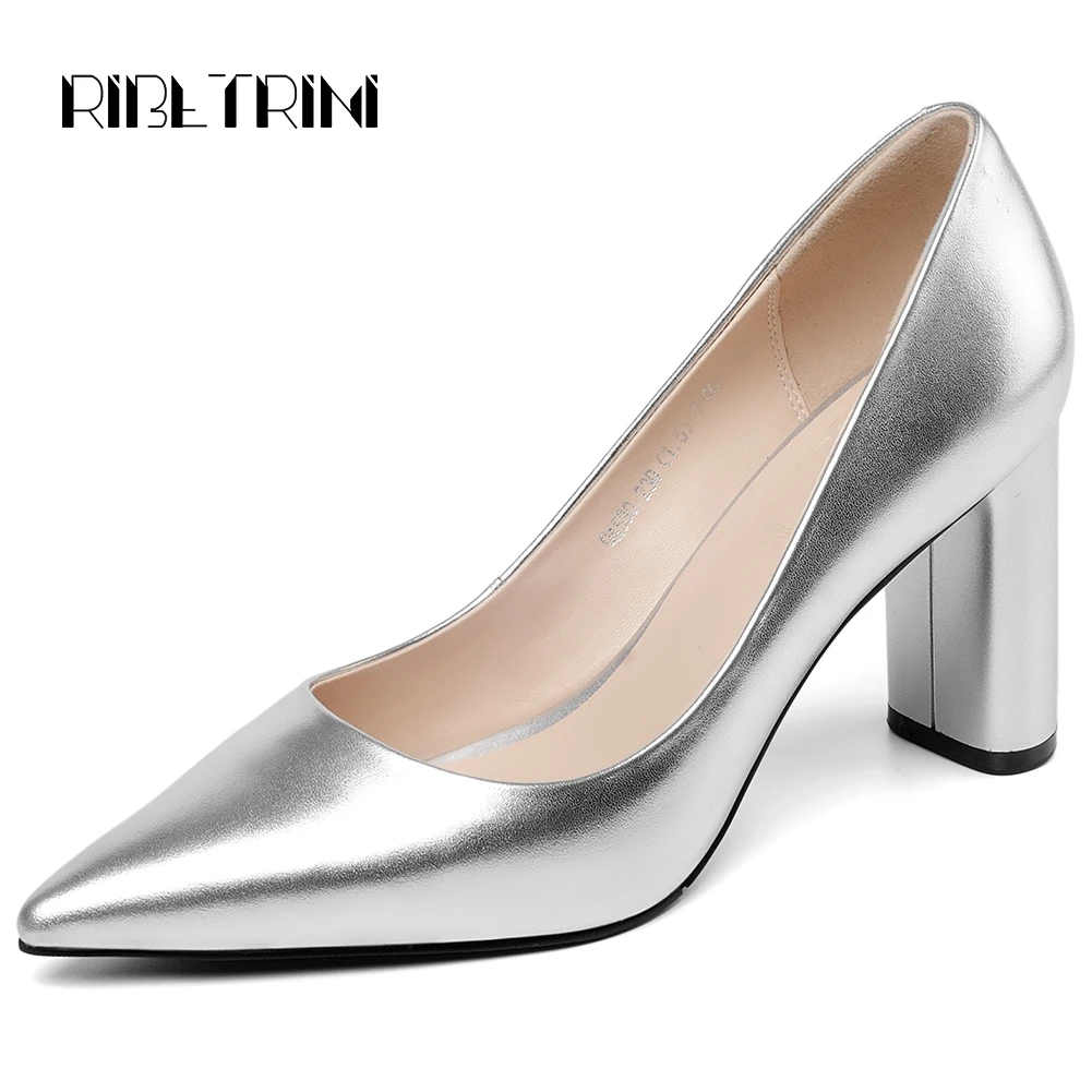 

RIBETRINI Fashion Women Cow Leather Pumps Block High Heels Pointed Toe Work Shoes Woman Autumn Slip On Office Pumps Size 33-39