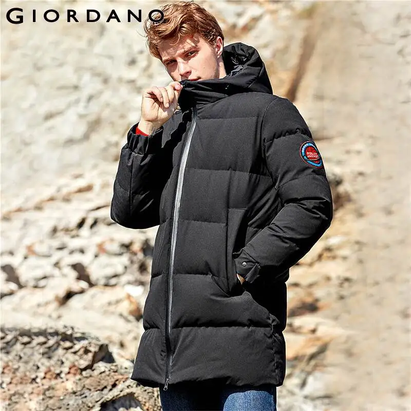 Giordano мужской пуховик средней длины с капюшоном и набивкой из натурального