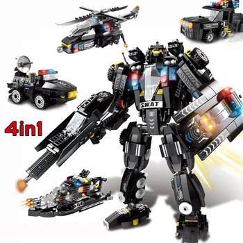 

763pcs Deformation Robot Building Blocks 4 IN1 Helicopter Radar Car Speedboat Set Bricks Toys for Boys with 4 SWAT Figures Dolls