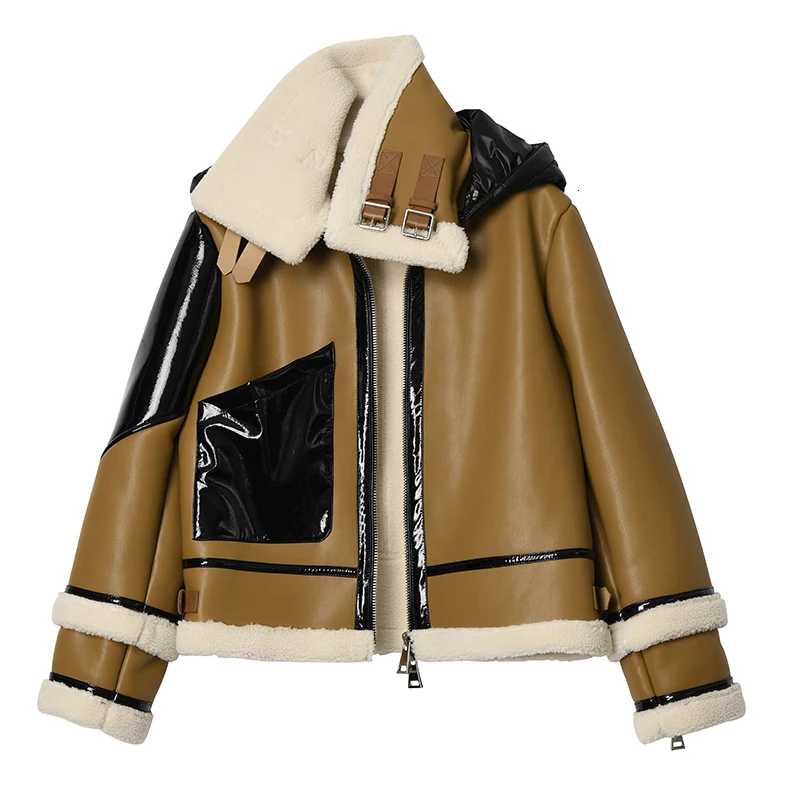 [EAM] Свободная куртка из искусственной кожи с разрезом большого размера, Новое Женское пальто с капюшоном и длинным рукавом, модное осенне-зимнее пальто 1H949