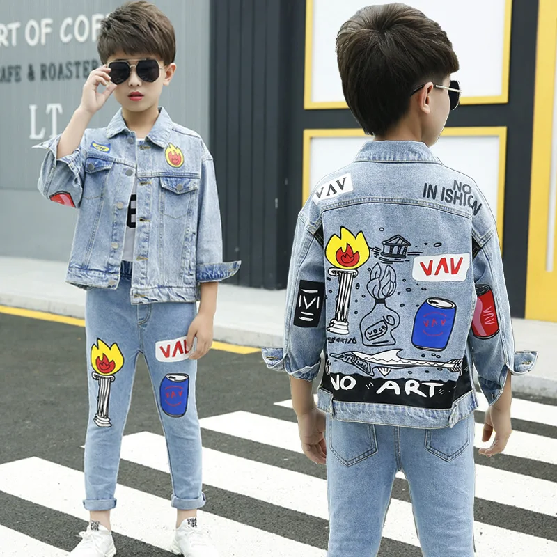 

2019 new fashion boys clothes sets denim children's sets cartoon print kids clothes two pieces jeans boy body suit cowboy set