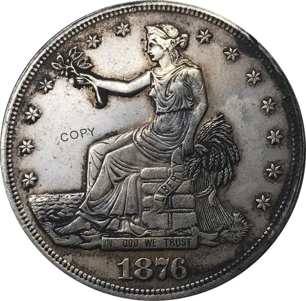 США 1876 S 1 торговый один доллар в Бог мы доверяем 420 зерна 900 тонкий мельхик