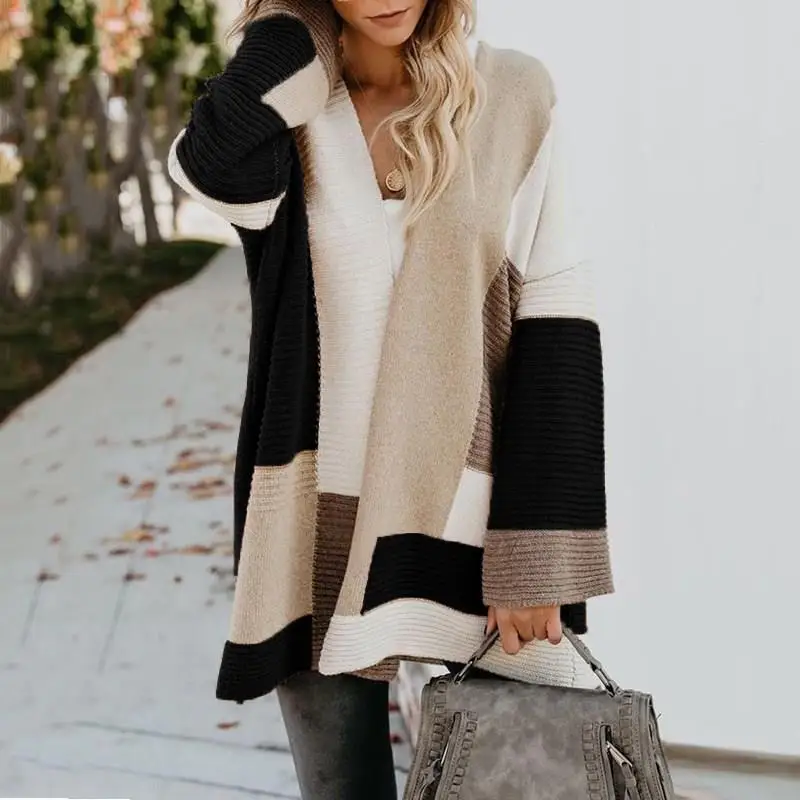 ^*Best Offers Fall 2019 Winter Geometric Patchwork Knitted Cardigan V-Neck Women Loose Cardigans Plus Size Long Sweaters