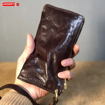 

New Soft Leather Thin Men's Wallet Vintage Leather Card Holder Long Wallets Casual Wrinkled Tide Purse Youth Male Clutch Bag Men