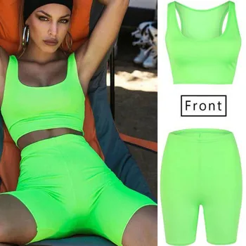 

Women Sports Set Sexy Sleeveless Crop Vest Tank Tops Sports Shorts Female Yoga Set Fluorescent Green Bodycon Women Running Set