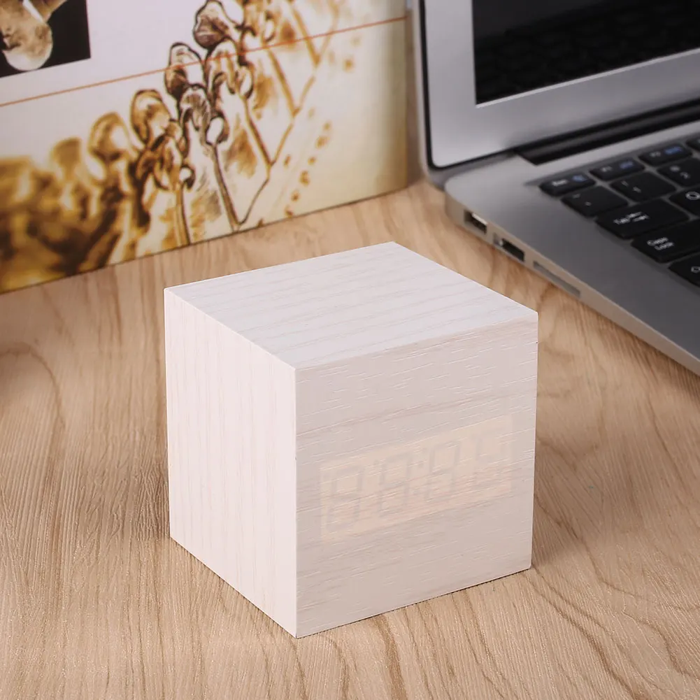 Cube Click Clock Gift Alarm-LED Display Wood Sound Activated Home Decor