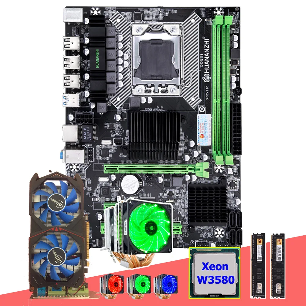 Материнская плата HUANANZHI X58 Pro LGA1366 с процессором Xeon W3580 3 33 ГГц 6 тепловых труб кулер