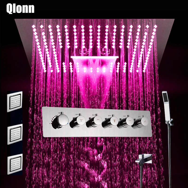 

Bathroom Shower Faucet Set Rain waterfall Mist Showers Rectangle LED Light Embedded Ceiling Thermostatic Valve Showerhead