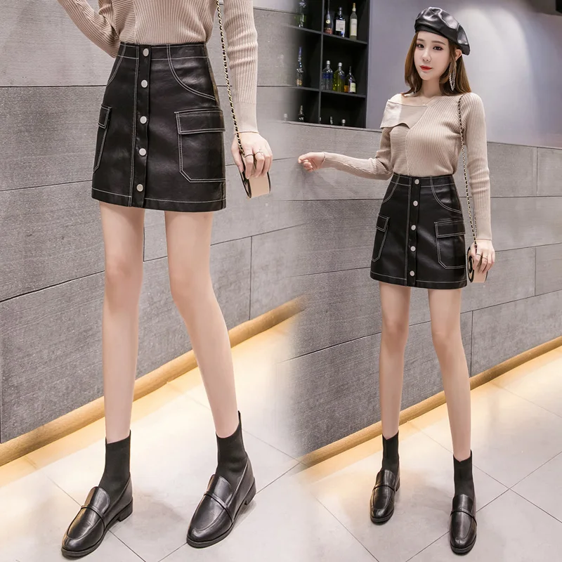 REALEFT Autumn Winter Button OL Pencil A-Line Mini Skirts High Waist Black PU Leather Sexy Wrap Skirts Pocket Female New
