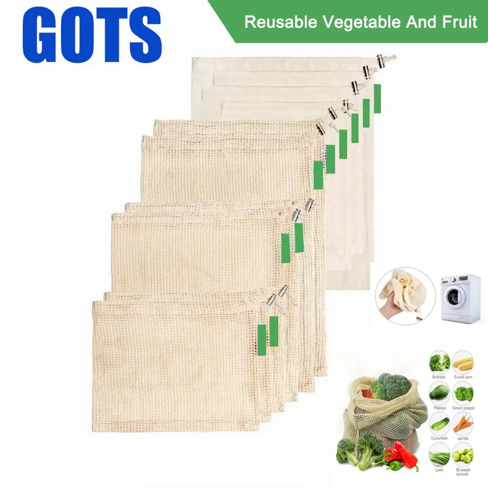 9pcs Cotton Mesh Vegetables Storage Bag for Kitchen Eco-friendly reusable vegetable and fruit ecological bags with Drawstring