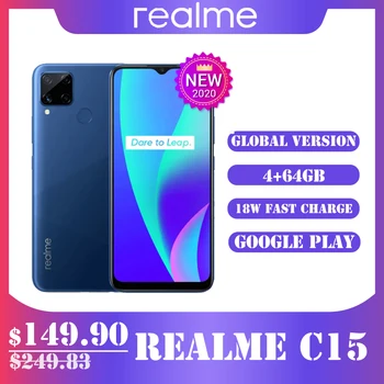 Перейти на Алиэкспресс и купить Realme C15, глобальная версия, 4 ГБ, 64 ГБ, 6000 мАч, аккумулятор, 13 МП, четыре камеры, 6,5 дюймов, полноэкранный, 3 слота для карт, Helico G35, Восьмиядерный, мо...