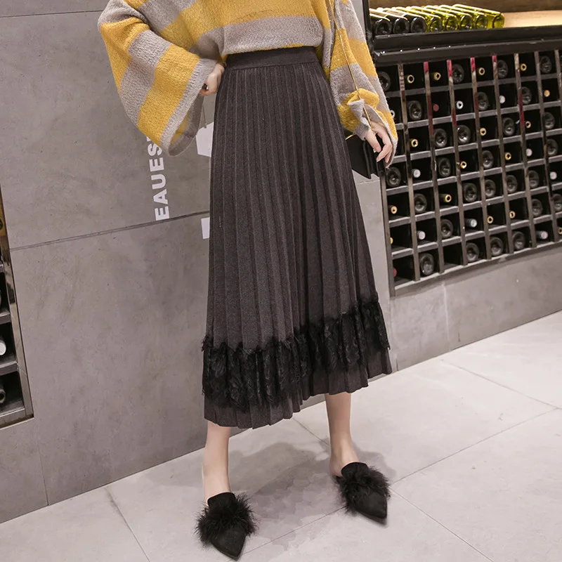 

2019 Autumn And Winter New Style Knitted Dress Skirt Women's High-waisted Big Skirt Pleated Skirt Mid-length Lace Slim Fit Long