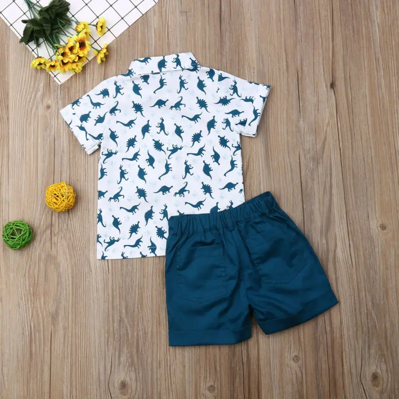 Повседневная летняя одежда для маленьких мальчиков Комплекты с динозаврами из 2 предметов, футболка с короткими рукавами топы+ шорты на пуговицах, детская одежда для мальчиков 1-6Y