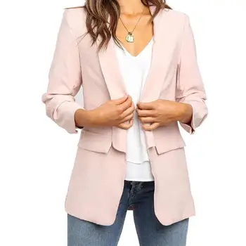 

Casual Lapel Pocket Solid Color Blazers Coat Office Lady Women Long Sleeve Suit Jacket Leisure Work Notched Pure Color Tops