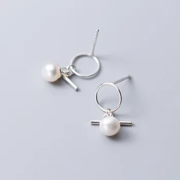 

MloveAcc Geometry Round Stud Earrings 925 Stelring Silver Pearl Ear Studs Korean Wedding Statement Jewelry