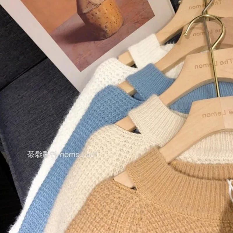 Retro French Sweater Women's Lantern Sleeve Loose Hanging Neck White Sweater Acrylic Vintage Blue Pullovers Female Tops Lady