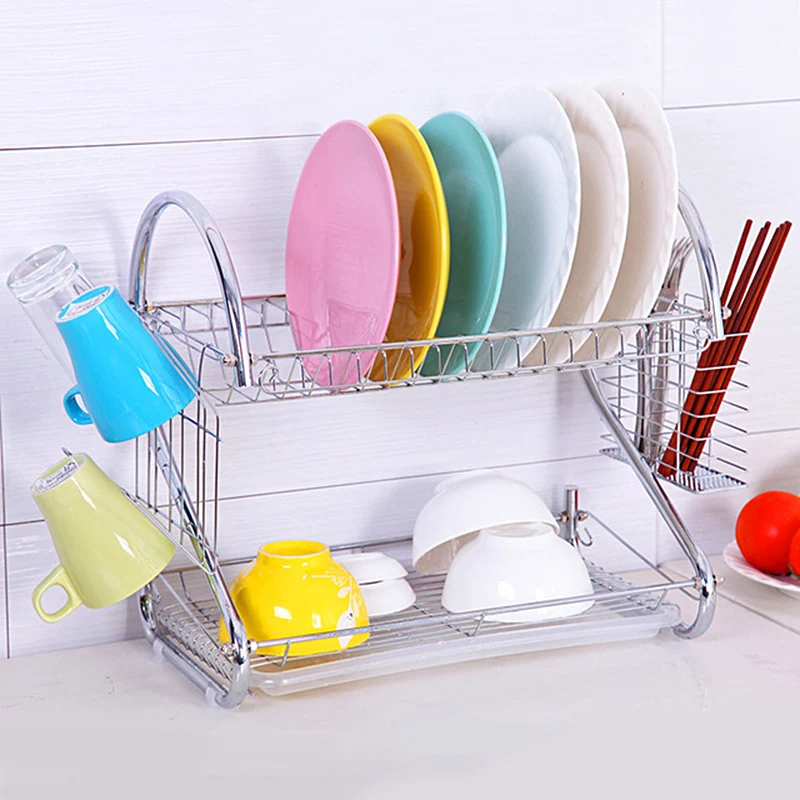 

Kitchen Over Sink Dish Drying Rack Stainless Steel Bowl Cutlery Drinkware Drainer Storage Shelf 2 Tier Iron Utensil Holder