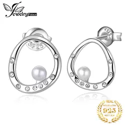 JewelryPalace Modern Art Deco Crystal 3mm Round Shape Shell Pearl Curved Circle Stud Earrings 925 Sterling Silver Trendy Jewelry