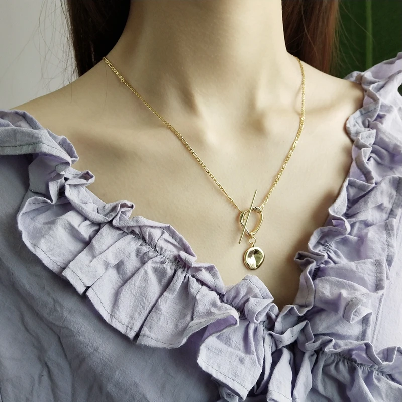 

925 Sterling Silver Irregular OT Clasp Geometric Pendant Necklaces Gold Figaro Chain Necklace For Women Girls Sweater Jewelry