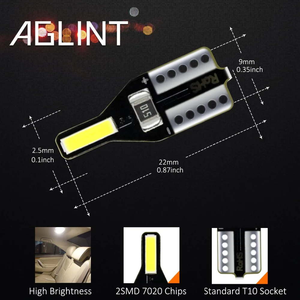 AGLINT 10PCS W5W LED Car Bulbs T10 194 168 501 5W5 LED 7020 SMD 2Chips For Kia Rio 2 3 Mazda Toyota Peugeot 206 DC12V White