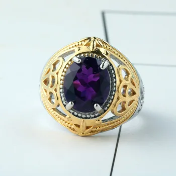 

Natural amethyst ring men's two-color process cut angle face crystal men's ring