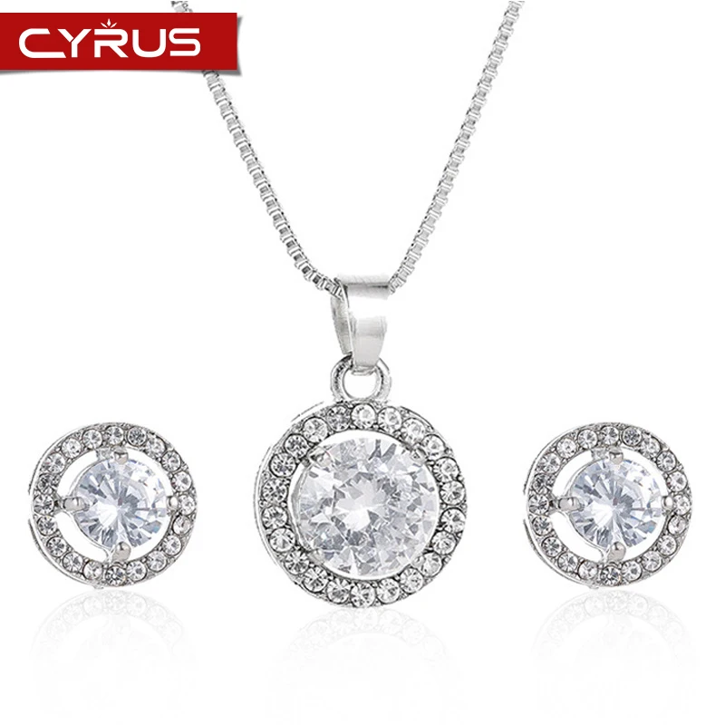 

Korean Style Rhinestone Crystal Round Pendant Necklace Earrings for Women Long Sweater Chain Jewelry Bride Wedding Accessories