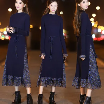 

2019 Autumn Woman Dress Knitting Sweater False Twinset Knit Sweater Dress Winter Lace Floral Dress