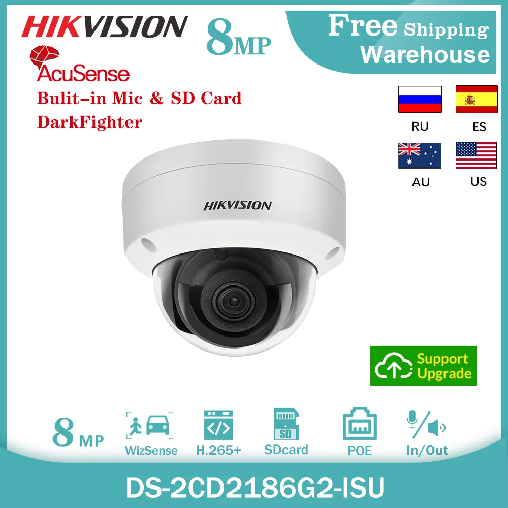 Hikvision 8MP IP Camera Acusense DS-2CD2186G2-ISU Bulit-in Mic SD Card Darkfighter POE CCTV Outdoor Security Video Dome Camera