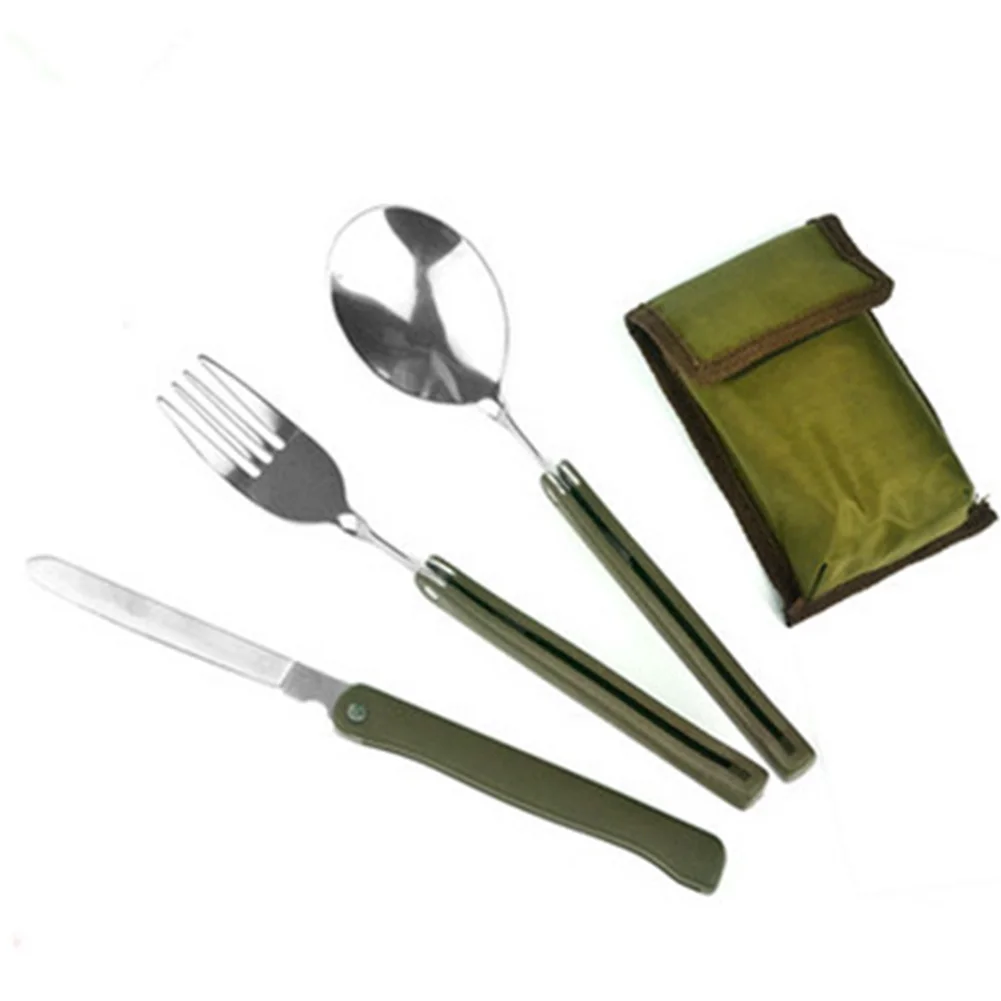

New 3pcs/set Multi-function Stainless Steel Army Green Folding Cutlery Set with Pouch Cooking Survival Camping Picnic Tableware